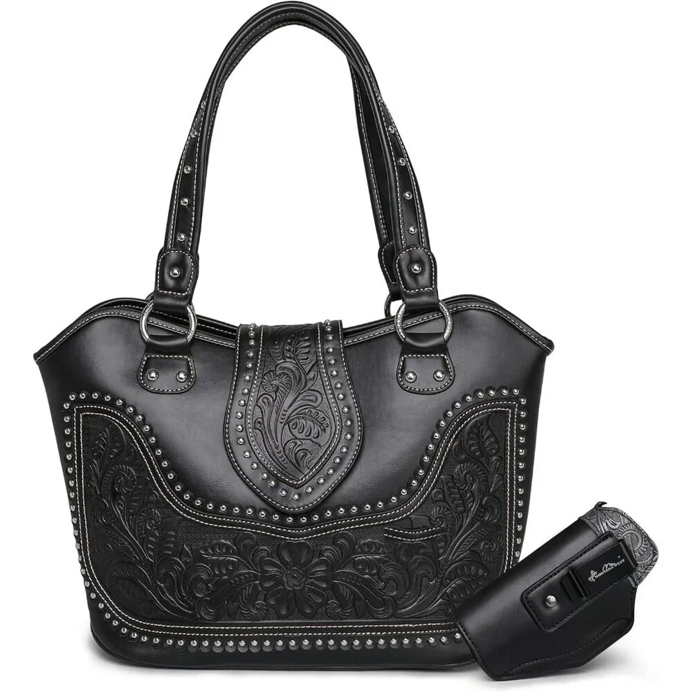 New Women's Vegan Leather Western Tote Bag Tooled Shoulder & Top Handle Handbag - Picture 6 of 10